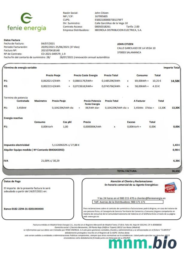 Hiszpania Feníe Energía szablon rachunku za media w formacie Word i PDF